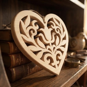 May include: A light-colored wooden heart ornament featuring an intricate laser-cut floral and scrollwork pattern. The heart has a smooth, natural wood grain finish and includes a thin twine loop at the top for hanging, showcasing detailed cutouts.