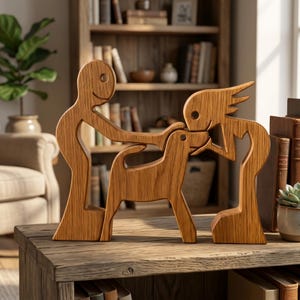 May include: A wooden sculpture depicting a family with a dog. The figures are stylized, with simple shapes and smooth lines. The sculpture is made of light brown wood and sits on a wooden table. The background includes a bookshelf and a potted plant.