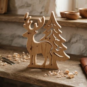 May include: A light-colored wooden cutout featuring a standing deer silhouette positioned next to a stylized evergreen tree. The natural wood grain is visible throughout the piece, which stands upright on a flat surface with wood shavings nearby.