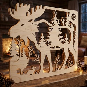 May include: A light-colored wooden cutout panel featuring a detailed silhouette of a moose, a Christmas tree, smaller pine trees, a rabbit, and a snowflake. The intricate design is carved from a single flat piece of wood.