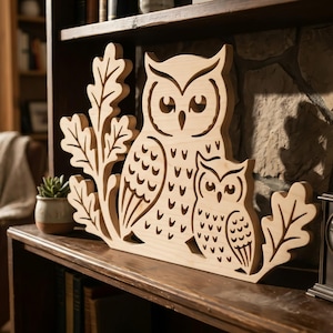 May include: A wooden owl family sculpture. The artwork features a large owl and a smaller owl, both with detailed feather patterns, set against a backdrop of carved oak leaves. The sculpture is made of light-colored wood.