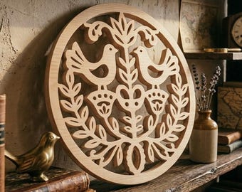 Bird on a flower, Flower, Spring circle, an original wooden sculpture, digital download, Scrollsaw pattern, High Quality JPGs, PDF, PNG, SVG