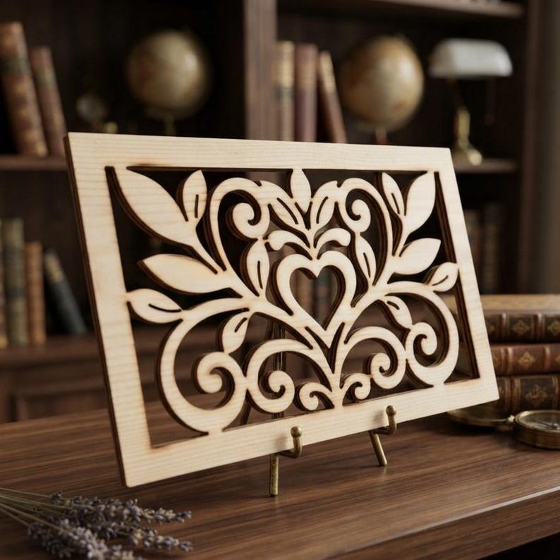 May include: A rectangular light-colored wooden panel featuring an intricate laser-cut design of symmetrical swirling vines, leaves, and a central heart shape. The panel is supported by a small metal stand, displaying a detailed cutout pattern.