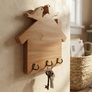 May include: A light-colored wooden wall-mounted key holder shaped like a house with two bird silhouettes on the roof. The piece features three dark metal hooks, with a set of metal keys hanging from the center hook, showcasing a natural wood grain.