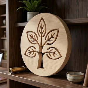 Può includere: Una targa circolare in legno chiaro caratterizzata da un design intagliato raffigurante un albero con cinque foglie distinte. La venatura del legno è visibile sulla superficie del pezzo rotondo, che presenta una finitura naturale e un motivo botanico.