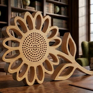 Peut inclure: Une sculpture de tournesol en bois avec un accent de feuille. Le tournesol a un design de pétales détaillé et un centre rempli de petits trous. La sculpture est en bois de couleur claire et repose sur une surface en bois.