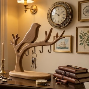 May include: Wooden key holder shaped like a bird perched on a branch, with several hooks for keys. The key holder is made of light-colored wood and sits on a wooden base. A set of keys hangs from the hooks. The background includes a clock and framed pictures.