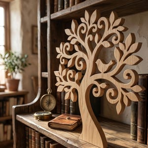 May include: A light brown wooden tree sculpture featuring intricate scrollwork branches, pointed leaves, and a small bird silhouette integrated into the design. The flat-cut wooden ornament stands upright with a smooth, natural wood grain finish.
