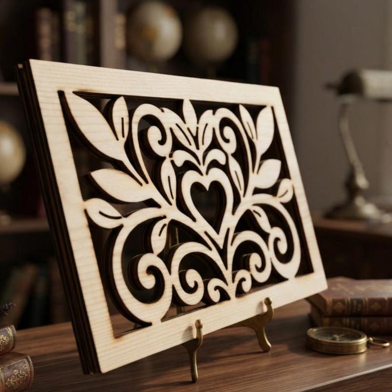 May include: A rectangular light-colored wooden panel featuring an intricate laser-cut design of symmetrical swirling vines, leaves, and a central heart shape. The panel is supported by a small metal stand, showcasing a detailed cutout pattern.