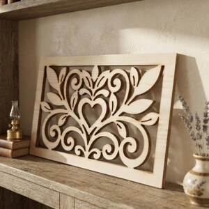 May include: A rectangular light-colored wooden wall panel featuring a laser-cut design of symmetrical swirling vines, leaves, and a central heart shape. The piece is framed by a simple wooden border and displays a natural wood grain texture.