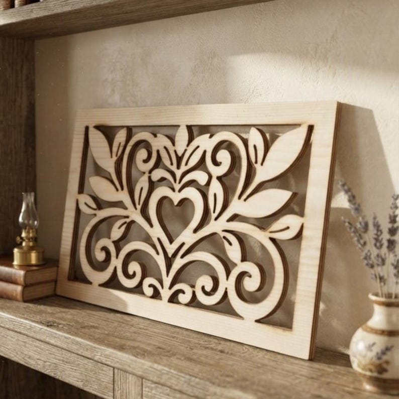 May include: A rectangular light-colored wooden wall panel featuring a laser-cut design of symmetrical swirling vines, leaves, and a central heart shape. The piece is framed by a simple wooden border and displays a natural wood grain texture.