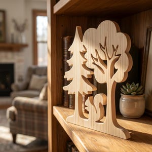 Peut inclure: Une décoration en bois représentant un arbre et un pin avec une découpe d'écureuil. La sculpture en bois clair est exposée sur une étagère en bois avec des livres et une petite plante en pot en arrière-plan.