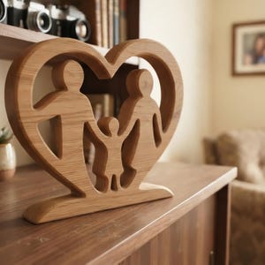May include: A light brown wooden sculpture featuring a cutout design of two adult figures and one child figure standing together, all enclosed within a large heart-shaped frame. The piece has a smooth finish and visible wood grain texture.