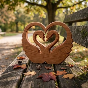 May include: A wooden sculpture of two swans forming a heart shape. The swans are carved from light brown wood and are positioned to face each other, their necks creating the heart. The sculpture sits on a wooden bench with autumn leaves.