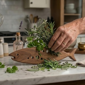 Pode incluir: Um suporte de ervas em forma de peixe de madeira com aberturas circulares. Ervas frescas, incluindo alecrim e coentro, são colocadas no suporte. O suporte está sobre uma bancada de mármore branco, com ervas espalhadas.