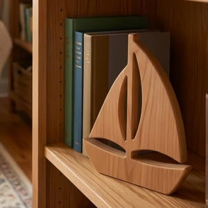 May include: A wooden sailboat bookend with a light brown finish sits on a wooden shelf. The bookend has a cutout design and is positioned in front of several books with various colored spines. The shelf is part of a wooden bookcase.