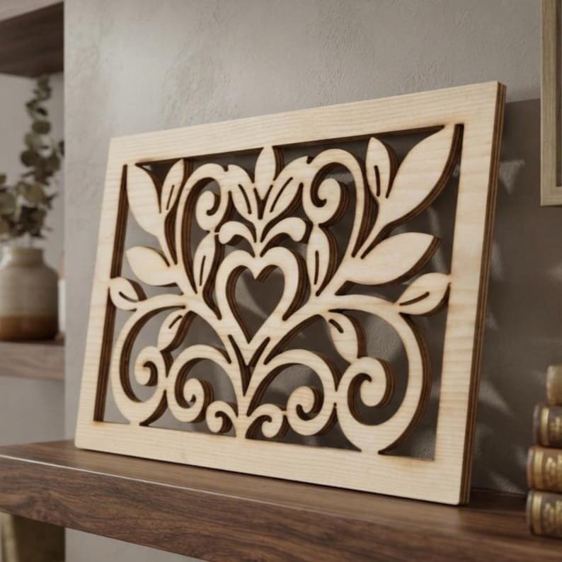 May include: A rectangular light-colored wooden panel featuring an intricate laser-cut design. The pattern consists of symmetrical swirling scrolls, stylized leaves, and a central heart-shaped cutout, all framed within a solid wood border.