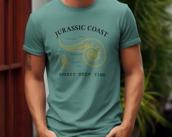 May include: Teal t-shirt with a yellow diagram of a fossil and the text "JURASSIC COAST DORSET DEEP TIME". The diagram shows the internal structure of the fossil. The shirt is a short-sleeved crew neck.