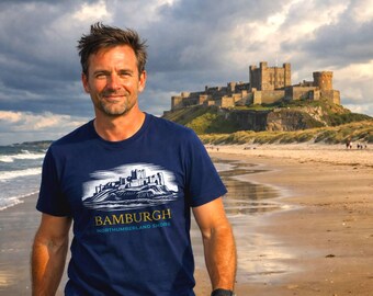 Bamburgh North Sea Shore Organic T-Shirt | Northumberland Castle Gift | Rugged Woodblock Print
