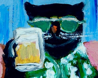 Piwny Kot, zabawny obraz czarnego kota, mała oryginalna sztuka, oryginalny prezent