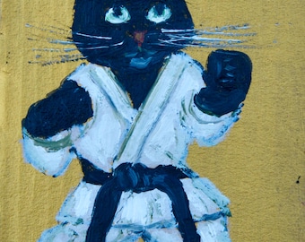 Peinture originale de chat de karaté, art de chat noir, décoration de chambre d'enfant