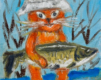 Peinture originale de pêcheur de chat, petite oeuvre d'art de style naïf, art mural de toile texturée