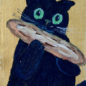 Cuadro original de gato negro, arte caprichoso de ladrón de pan, decoración acogedora para el hogar.