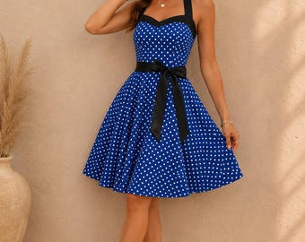 Sukienka w groszki w stylu vintage z wiązaniem na szyi, sukienka koktajlowa w stylu retro z rozkloszowanym dołem