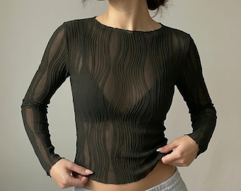 Sheer Ribbed Long Sleeve Top, Mesh Textured Blouse, Minimalist Fitted Shirt, Lightweight Layering Top, Women’s Fashion