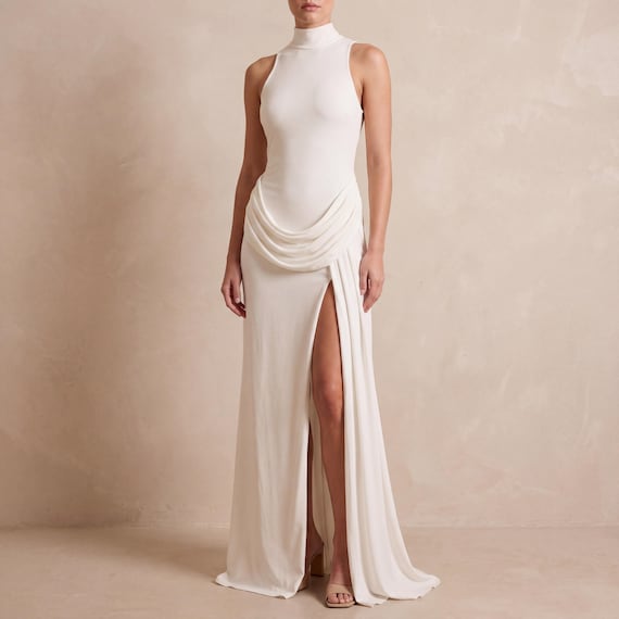 evening bodycon maxi dresses High Neck Sleeveless Dress, Elegant Side Slit Gown Esther White Twist Babydoll Accent Waist the seller is not color:Blue & White