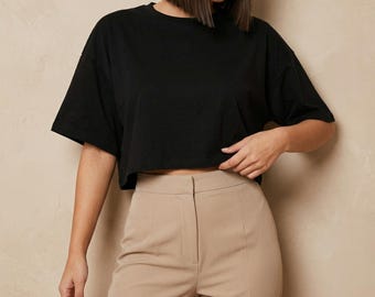 Oversized Cotton Crop Top, Loose Short Sleeve Streetwear Tee