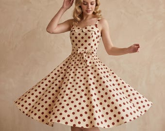 Vintage Polka Dot Swing Dress, Retro A-Line Midi Party Dress with Bow Belt