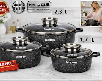 Set di pentole antiaderenti effetto marmo: 6 pezzi con coperchi, adatte al forno e a tutti i piani cottura.