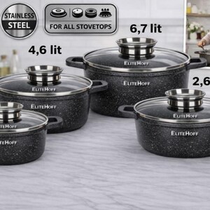 Könnte beinhalten: Ein Set aus vier Elite Hoff Kochtöpfen aus Edelstahl mit Glasdeckeln. Die Töpfe sind schwarz mit einem gesprenkelten Design und haben Fassungsvermögen von 1,6, 2,6, 4,6 und 6,7 Litern. Das Bild zeigt auch die Worte "Super Qualität" und "Edelstahl".