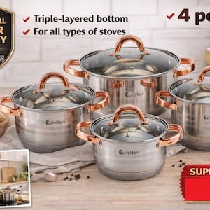 4-delige roestvrijstalen pannenset, drielaagse basis, pannen klaar voor inductie