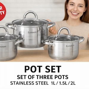 Puede incluir: Un juego de tres ollas de acero inoxidable con tapas de cristal. Las ollas tienen un acabado plateado y están etiquetadas como "ELITEHOFF". El juego incluye ollas de 1L, 1,5L y 2L. Un círculo rojo con "SUPER QUALITY" está en la esquina superior izquierda.