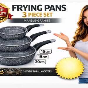 Zestaw patelni granitowych i marmurowych: 3-częściowy zestaw naczyń indukcyjnych (16, 18, 20 cm)