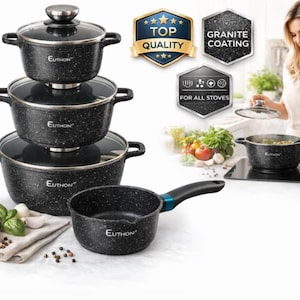 Zestaw naczyń kuchennych z powłoką nieprzywierającą Granite: Garnki z powłoką marmurową, kompatybilne z indukcją, 4-częściowy zestaw kuchenny z kamienia
