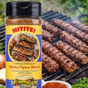May include: A jar of Mititei (Mici) Spice Blend, a traditional Romanian grill seasoning. The label features the text "MITITE!" and "Traditional Romanian Mititei' Spice Blend." The image includes grilled sausages, onions, and a bowl of red spice. Net weight is 6 oz (170 g).