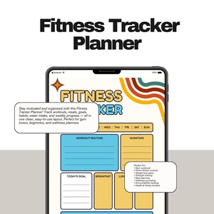 Puede incluir: Un planificador de seguimiento de fitness digital que se muestra en la pantalla de un teléfono inteligente. El planificador incluye secciones para rutinas de ejercicios, objetivos, comidas y hábitos. La parte superior de la pantalla muestra el texto "Fitness Tracker Planner" en negrita, en negro.