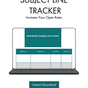 Pode incluir: Um modelo Canva digital para um rastreador de linha de assunto, projetado para aumentar as taxas de abertura. A imagem mostra um laptop exibindo uma planilha com colunas para linhas de assunto, texto de visualização, taxas de abertura e determinação do vencedor.