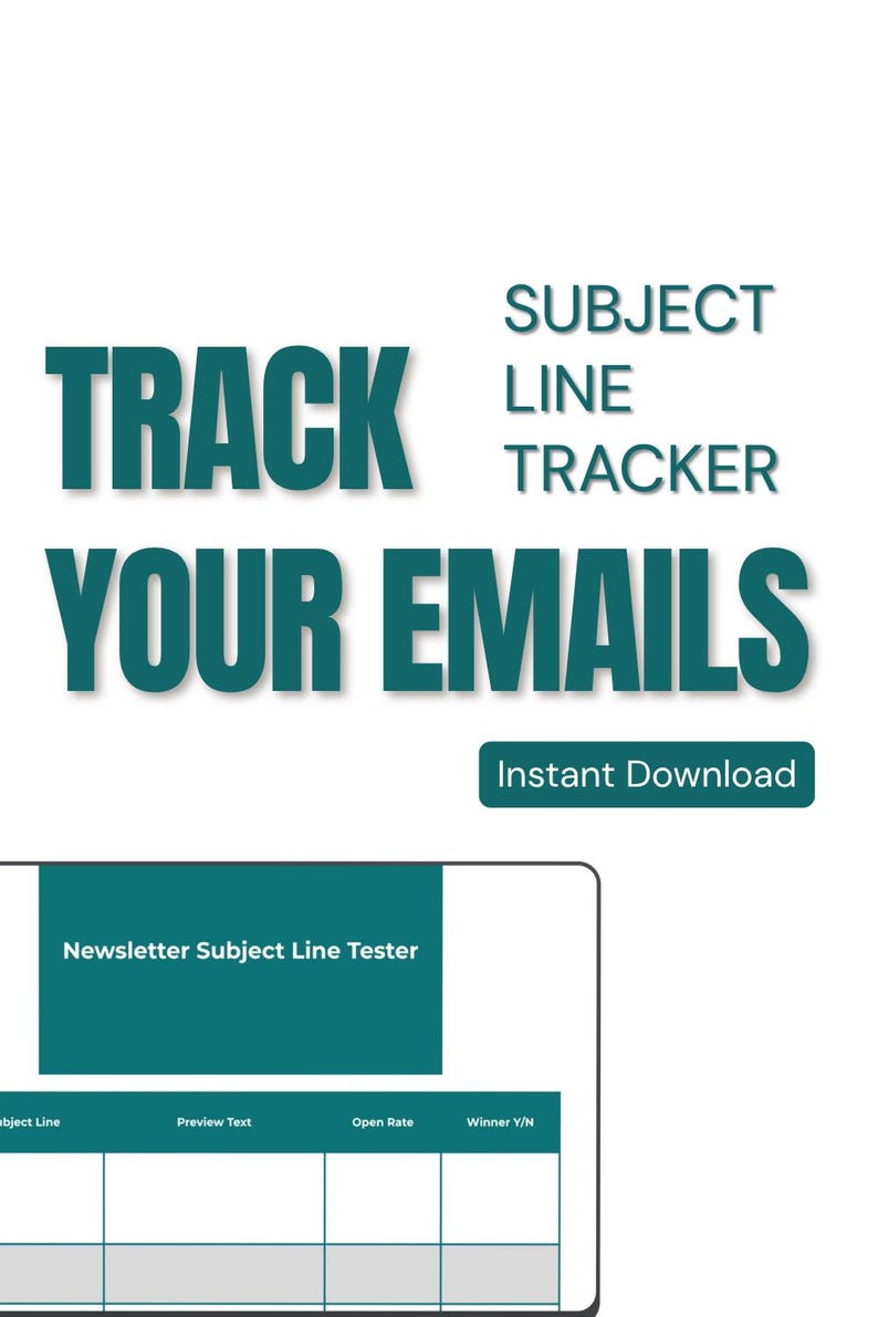Może przedstawiać: Turkusowo-biała grafika z napisami &bdquo;TRACK YOUR EMAILS&rdquo; i &bdquo;SUBJECT LINE TRACKER&rdquo;. Poniżej znajduje się formularz oznaczony jako &bdquo;Newsletter Subject Line Tester&rdquo; z polami na temat, tekst podglądu, wsp&oacute;łczynnik otwarć i zwycięzcę.
