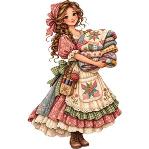 May include: A character with long brown hair and a pink bow, wearing a floral dress with a ruffled hem and a white apron featuring a star quilt block pattern. The character holds a folded patchwork quilt and carries a sewing kit with spools.