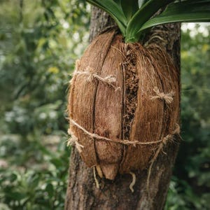 Op de afbeelding: Een bruine kokosnootschilpot met een plant die uit de bovenkant groeit, bevestigd aan een boomstam. De pot is vastgezet met touw en heeft zichtbare wortels. De achtergrond is een vage groene bladermassa.
