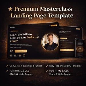 May include: A digital marketing template advertisement. The image shows a laptop, tablet, and smartphone displaying a website design. Text includes "Premium Masterclass Landing Page Template" and "Learn the Skills to Level Up Your Business & Career."
