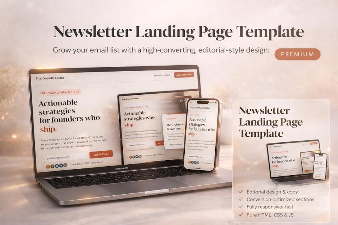 Newsletter Landing Page Template | HTML Lead Magnet | Beehiiv Substack ...