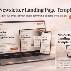 Pode incluir: Um laptop, um tablet e um smartphone exibem um modelo de página de destino de newsletter. O design inclui o texto "Newsletter Landing Page Template" e "Actionable strategies for founders who ship."