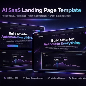 May include: Two digital tablets showcasing an AI SaaS landing page template with the text "Build Smarter. Automate Everything." The design is responsive, animated, and features dark and light modes. The background is dark with neon accents.