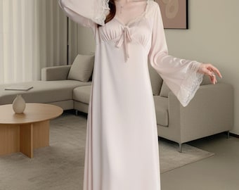 Camisola de algodão de manga comprida: renda vitoriana, camisola de dormir elegante, roupa de descanso respirável