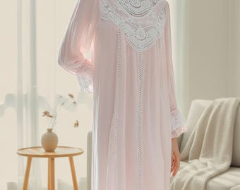 Women’s Long Sleeve Cotton Nightgown Victorian Lace Sleep Dress Coquette Style Nightwear